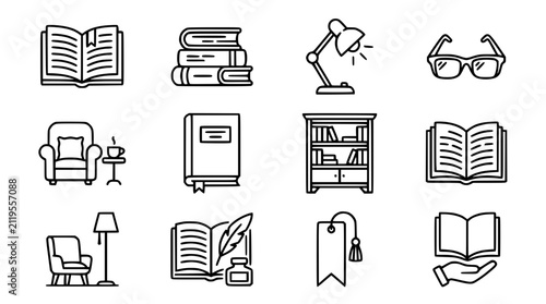Foto Collection of reading and study icons: books, armchair, lamp, glasses, bookshelf