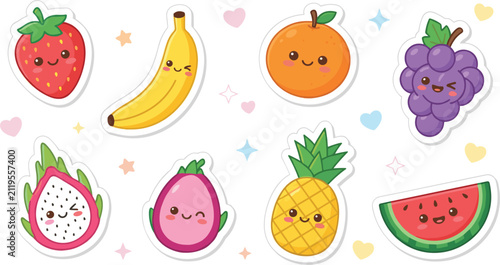 Cute kawaii fruit sticker set with happy smiling faces