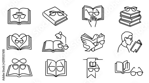 Foto Open Books with Glasses Line Art Icons Set - Reading, Education, Knowledge, Lite