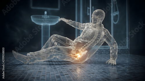 Transparent human figure falling on bathroom floor with hip pain