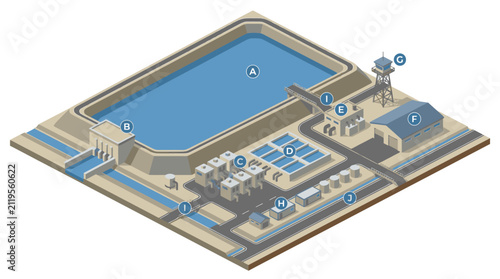 Aerial view of industrial water treatment facility complex.