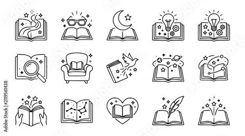 Collection of hand-drawn book icons representing imagination, knowledge, and creativity