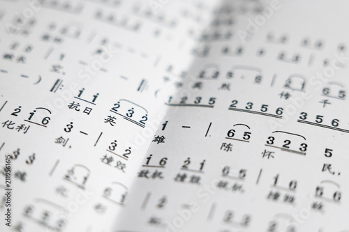 Bild auf Leinwand Japanese Musical Score Sheet with Handwritten Annotations and Fragments
