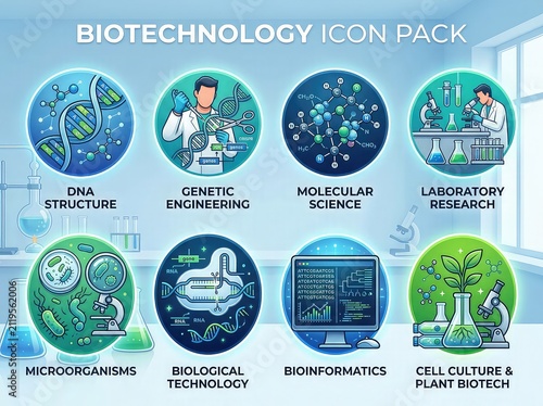 Biotechnology icon pack with dna genetic engineering with collection biotechnology icons engineering molecular science science laboratory research