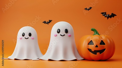 Cute Halloween Ghosts and Smiling Jack O Lantern Pumpkin on Orange Background with Flying Bats