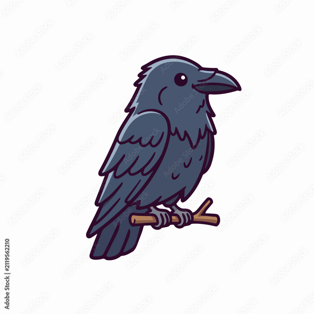 Fototapeta premium Cute cartoon illustration of a black raven perched on a wooden branch isolated on a white background.