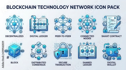 Blockchain technology network icon set for secure transactions with displays collection nine blue toned blockchain technology icons cryptocurrency