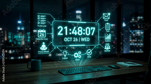 Digital clock interface with business icons. Futuristic dashboard showing time and data.