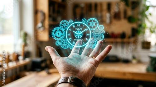 Hand holding futuristic digital globe with network connections. Cybersecurity and global data concept in modern workspace.