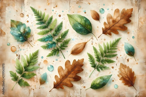 A botanical eco-style cover with watercolor leaves and bark-like texture overlay, Ai generated image