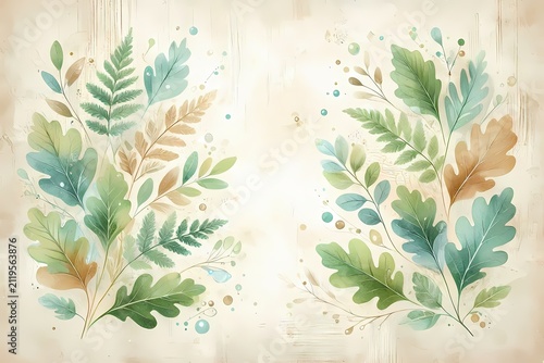 A botanical eco-style cover with watercolor leaves and bark-like texture overlay, Ai generated image