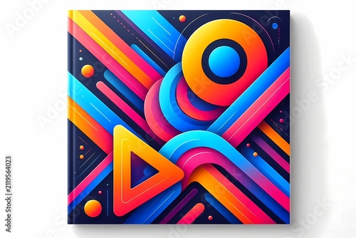 A bold abstract pattern cover with dynamic geometric shapes in high-contrast neon and deep navy, Ai generated image