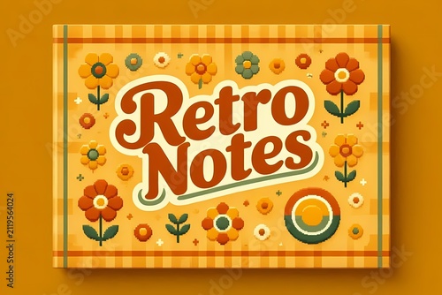 A retro-style notebook cover with 1970s-inspired groovy typography and pixelated floral motifs, Ai generated image