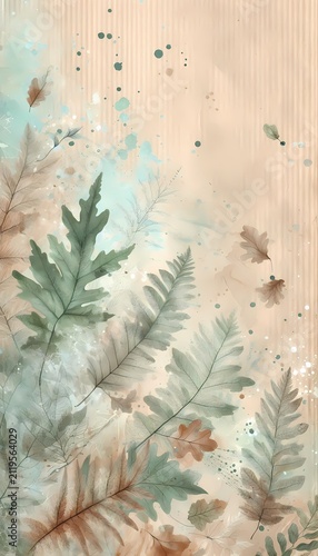 A botanical eco-style cover with watercolor leaves and bark-like texture overlay, Ai generated image