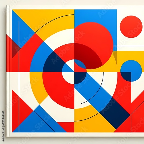 A strict geometric cover with intersecting circles, triangles, and parallel lines in primary colors, Ai generated image