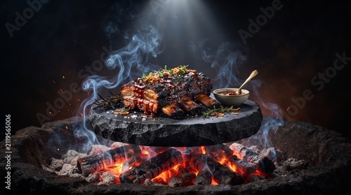 Glazed barbecue pork ribs sizzling on a dark stone plate suspended above a glowing wood fire pit with rising smoke and spices for an intense culinary presentation in a dramatic studio setting