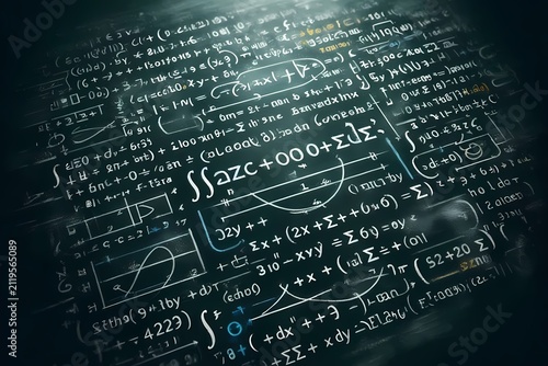 A seamless macro view of a calculus blackboard covered in differential equations and integral symbols, Ai generated image