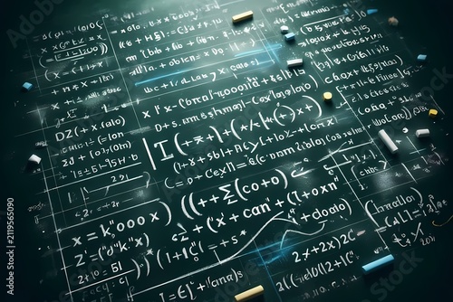 A seamless macro view of a calculus blackboard covered in differential equations and integral symbols, Ai generated image