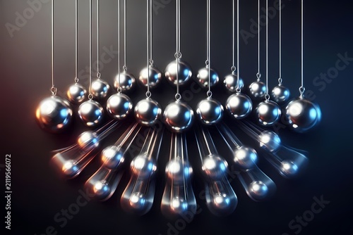 A physics pendulum wave with multiple swinging steel balls in motion blur, Ai generated image