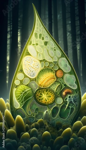 A biology cover featuring a cross-section of a leaf with stomata and chloroplasts, Ai generated image