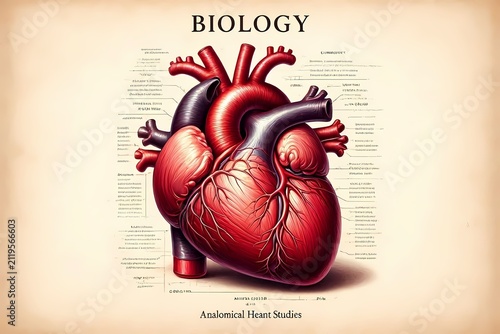 A biology cover with a detailed anatomical heart rendered in vintage scientific illustration style, Ai generated image