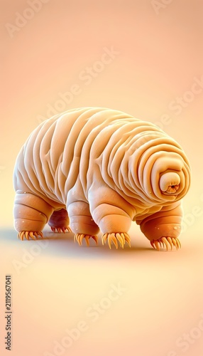 A tardigrade water bear shown as an eight-legged microscopic creature in a soft warm palette, Ai generated image