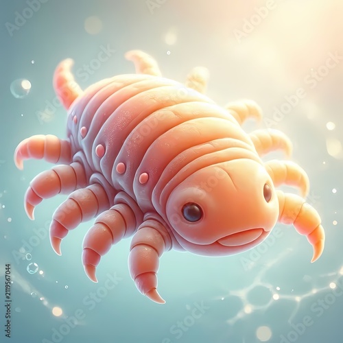 A tardigrade water bear shown as an eight-legged microscopic creature in a soft warm palette, Ai generated image