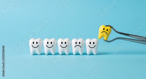 Dental care concept with happy and sad toy teeth models