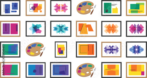 Abstract art gallery icon set featuring framed minimalist paintings and artist palettes isolated vector illustration on a white background.