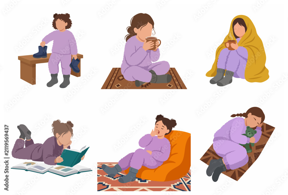 Fototapeta premium Flat vector illustration set of a little girl in purple pajamas enjoying various cozy indoor activities like reading, drinking hot cocoa, and sleeping at home.