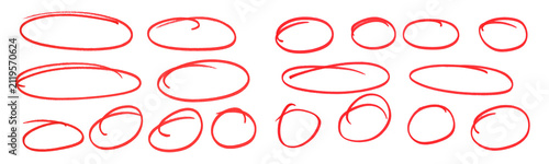 Hand drawn red circle highlight set, marker pen oval scribble collection