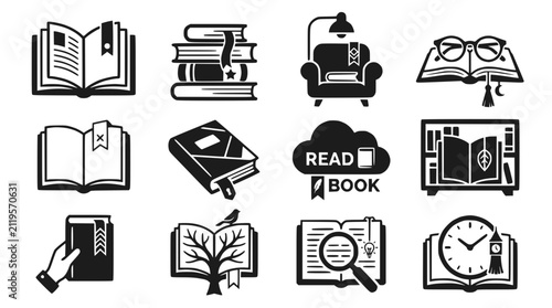 Obraz na płótnie Collection of stylized icons representing books, reading, and knowledge
