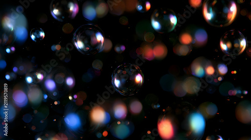 Iridescent transparent spheres floating colorful bokeh dark