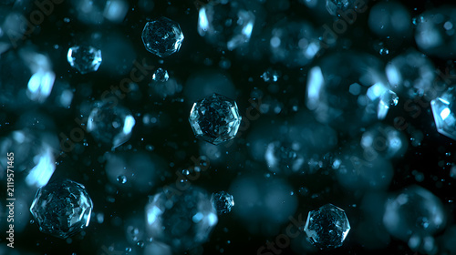 Crystalline virus-like structures floating dark background macro