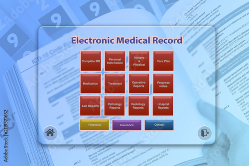 Transparent screen of digital tablet display electronic medical record application.