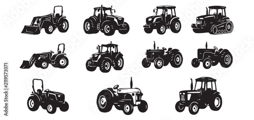 Canvastavla Vintage Tractor Vehicle Vector Set, Heavy Agricultural Machinery Line Art vector