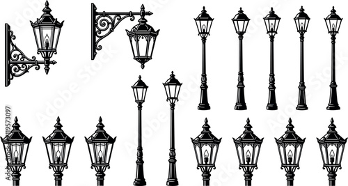 Canvas Print Vintage street lamps and ornate wall sconces vector icon set featuring classic b