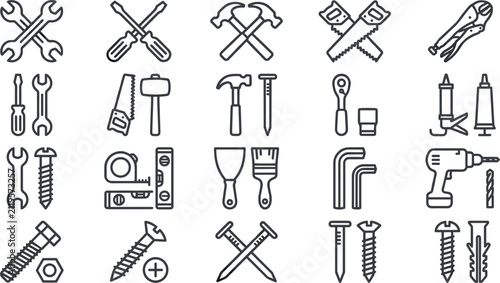 Hardware linear icons collection with crossed wrenches screwdrivers hammers saws power drill fasteners putty knife and renovation design vectors