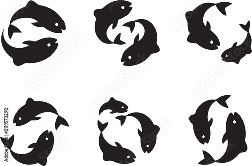 Black fish silhouettes arranged in circular patterns as graphic icons