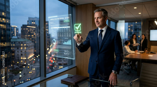 Businessman using futuristic holographic interface. Executive interacting with digital data.