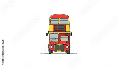 A double decker red bus traveling through the streets of a busy city during the morning rush hour commute showing the front view of this iconic public transportation vehicle for urban city