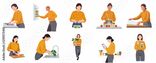 Set of flat illustrations showing a woman meal prepping, organizing food, and cooking healthy meals in the kitchen
