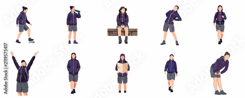 Set of Female Hiker Character Poses for Outdoor Adventure and Trekking Illustration