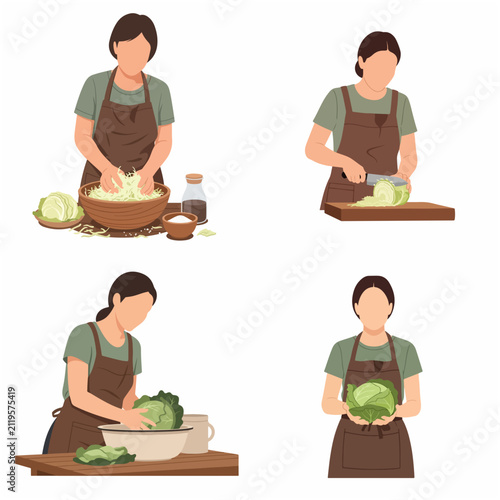 Woman preparing fresh cabbage for salad and cooking, set of vector illustrations of healthy food preparation in the kitchen