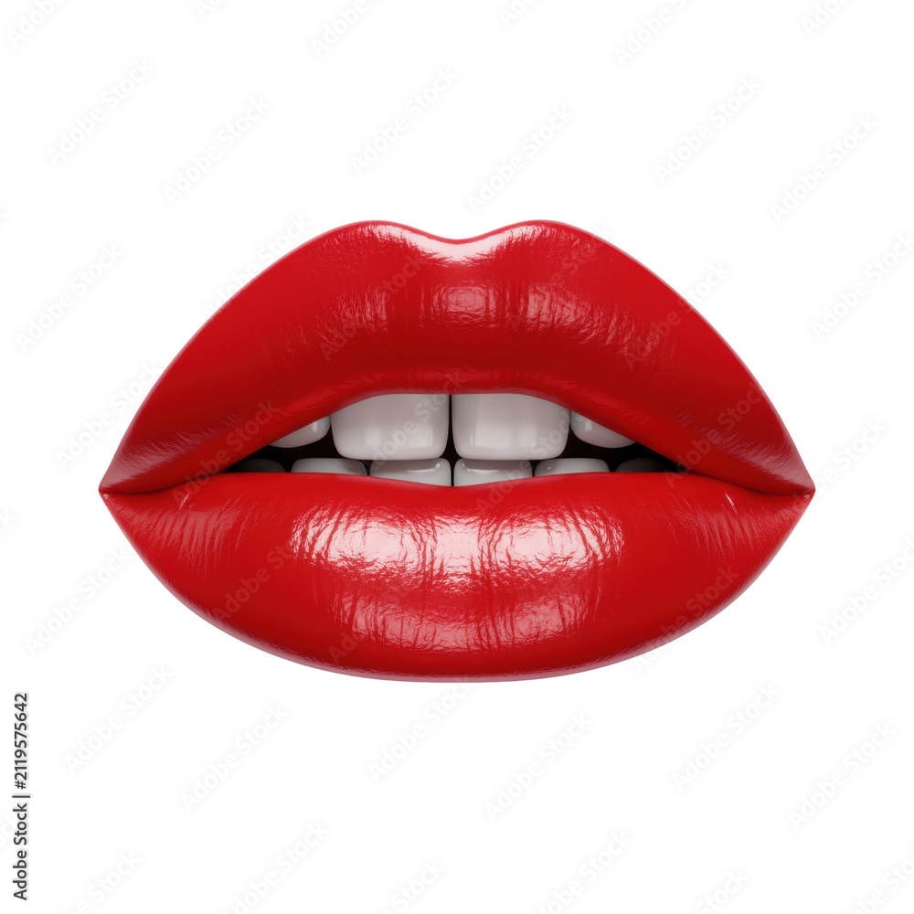 Obraz premium Single human lip, subtly parted, adorned with vibrant, glossy red lipstick, high-shine highlights, revealing transparent teeth against a stark white studio background, conveying quiet allure