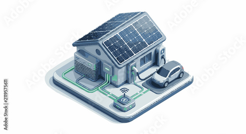 Modern eco friendly smart home with solar panels and electric car.