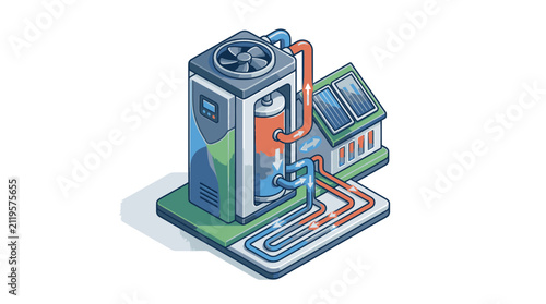 Modern heat pump system with solar panels and house.