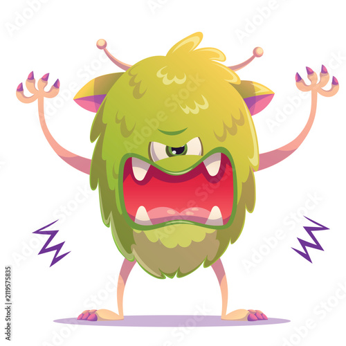 Funny angry green monster baring sharp teeth in a fierce snarl, expressing strong emotion. Cartoon vector illustration of an emotional creature showing anger, perfect for Halloween designs, childrens