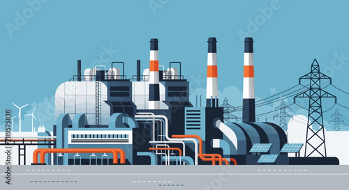 Modern Industrial Power Plant With Multiple Smokestacks And Cooling Towers.