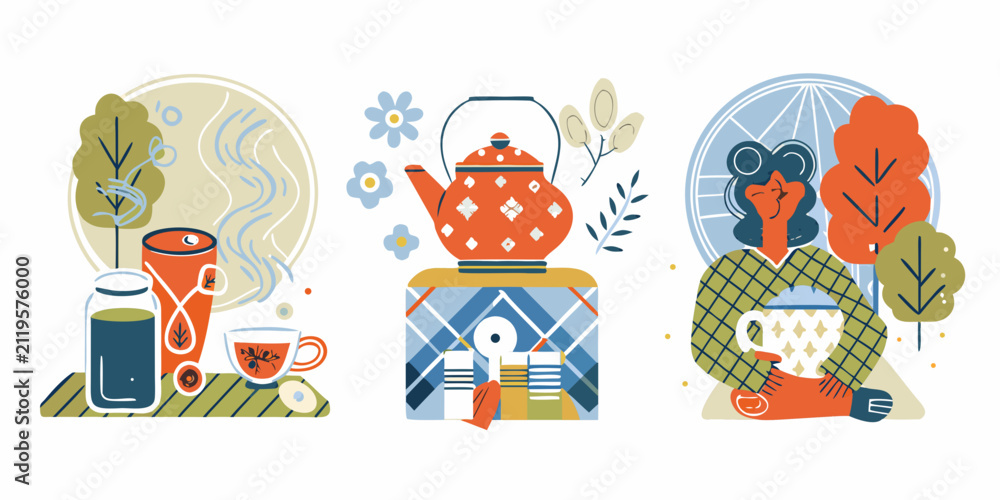 Fototapeta premium Tea Ceremony Scene Illustrations Flat Vector Style With Geometric Elements